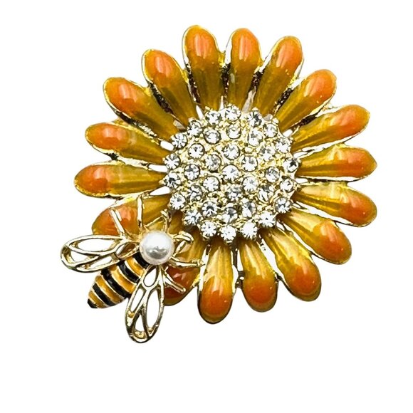 Yellow Orange Sunflower Bee Brooch Pin Gold Tone 1.5 Inch New - Picture 4 of 6